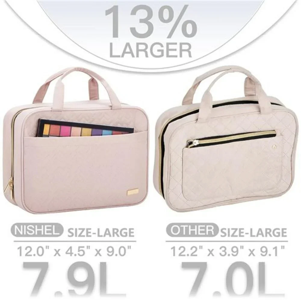 NISHEL Hanging Toiletry Bag Pink Travel Organizer for Full Size Bottles Makeup